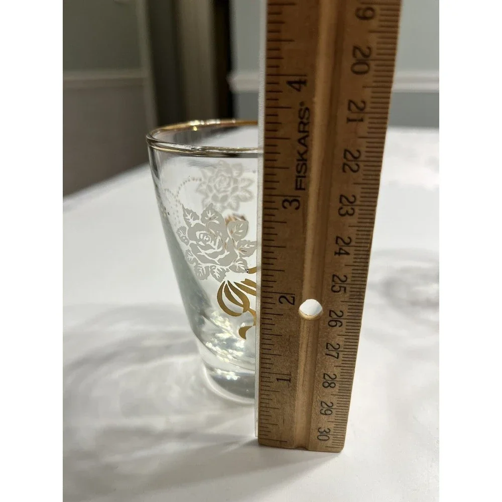 8 Vintage LIBBEY WHITE gold floral Juice GLASSES, 5 oz, flared